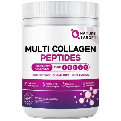 NATURE TARGET Multi Collagen Hydrolyzed Collagen Peptides Powder with Types I II III V X with Vitamin C Hyaluronic Acid - 35 Servings