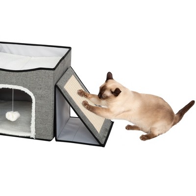 Gray Foldaway Cat Condo with Cushioned Platform and Scratching Post