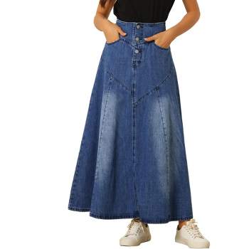 Allegra K Women's Casual High Waisted A-Line Flared Maxi Denim Skirt
