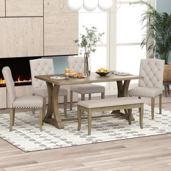 6 PCS Wood Dining Table Set, Rectangular Trestle Table and 4 Upholstered Chairs & Bench for Dining Room-ModernLuxe