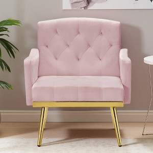 Velvet Armchair with Gold Metal Legs and Tufted Design - 1 of 4