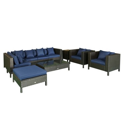 Outsunny 9-Piece Patio Sofa Set Outdoor Wicker Patio Conversation Sets with Removable Cushion, Footstool and Coffee table for Balcony, Backyard Navy Blue