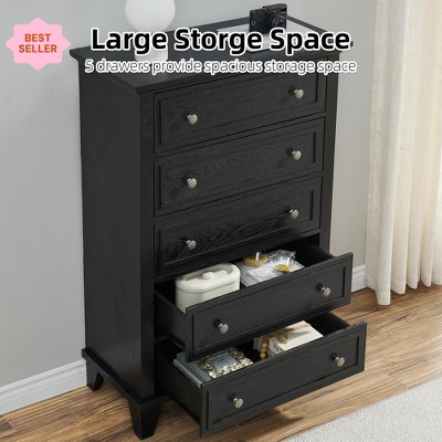 Jojoka 5 Drawer Tall Dresser, Farmhouse Wood Storage Chest with Vintage Loop Handles for Bedroom, Hallway, Closet