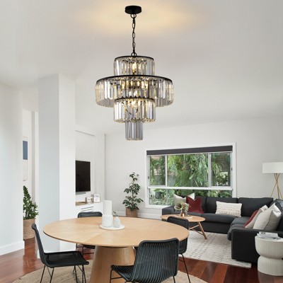 DOMETOUR 20'' Modern Crystal Chandelier, Black Finish, 4-Tier Pendant Light for Dining or Living Room (Bulb Not Included)