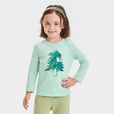 Image of Toddler Girls' Long Sleeve Cat Tree Graphic T-Shirt - Cat & Jack™ Light Mint Green 2T