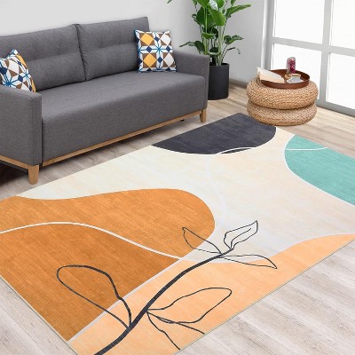 Acekool Modern Geometric Small Flower Area Rug Collection, 1200gsm Washable Foldable, Soft Touch, Non Slip Backing, Orange Blue Green Gray