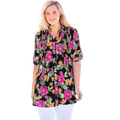 Woman Within Pintucked Button Down Gauze Shirt