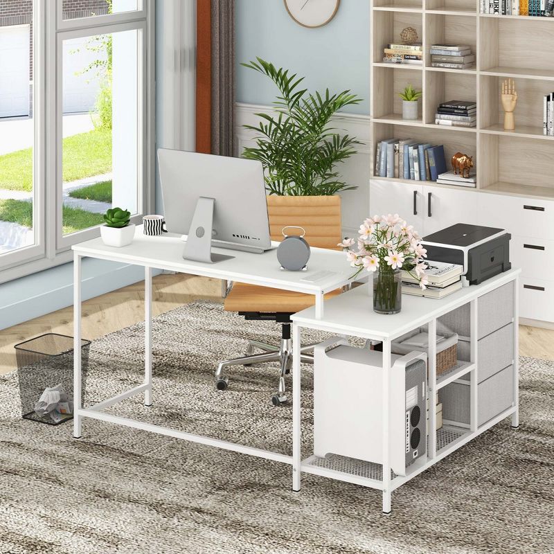 Costway L-shaped Computer Desk with Power Outlet, Drawers, Metal Mesh Shelves Rustic Brown/Black/White, 4 of 10