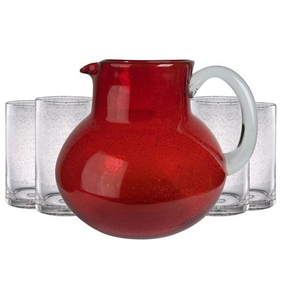 Artland Iris 90oz Hand Blown Pitcher & Set of 4 17oz Highball Glasses, Unique Bubble Design, Lead-Free Glass for Serving Beverages