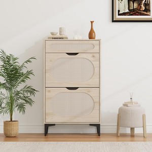 Rattan Shoe Cabinet with 2 Flip Drawers and 1 Pull-Out Drawer, Free Stand Shoe Storage Cabinet, Narrow Shoe Cabinet for Entryway, Porch - 1 of 4