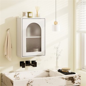 Angel Sar Wall-Mounted Medicine Cabinet with Wavy Tempered Glass Door, Adjustable Shelves, Bathroom Storage for Toiletries, White - 1 of 4