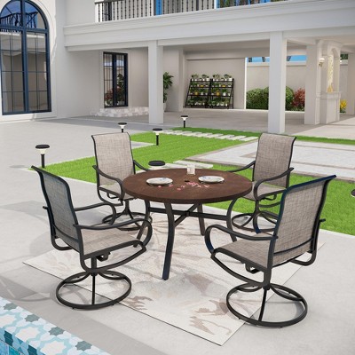 Captiva Designs 5pc Patio Dining Round Wood-look Table with Umbrella Hole & Assorted Cushioned/Textilene Chairs
