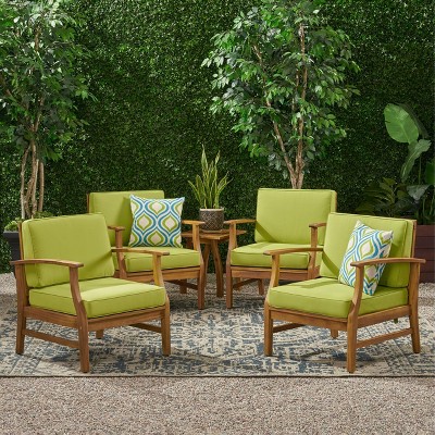 Teak Finish Acacia Wood Outdoor Club Chairs with Green Cushions, Set of 4