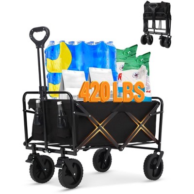 Collapsible Folding Wagon Cart, Heavy-Duty 360LBS Capacity, All-Terrain Utility Wagon with 360° Wheels & Cup Holders for Beach, Camping, Garden