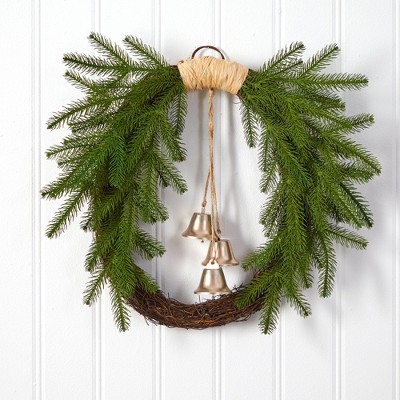 24" Green and Brown Pine Christmas Wreath with Bells