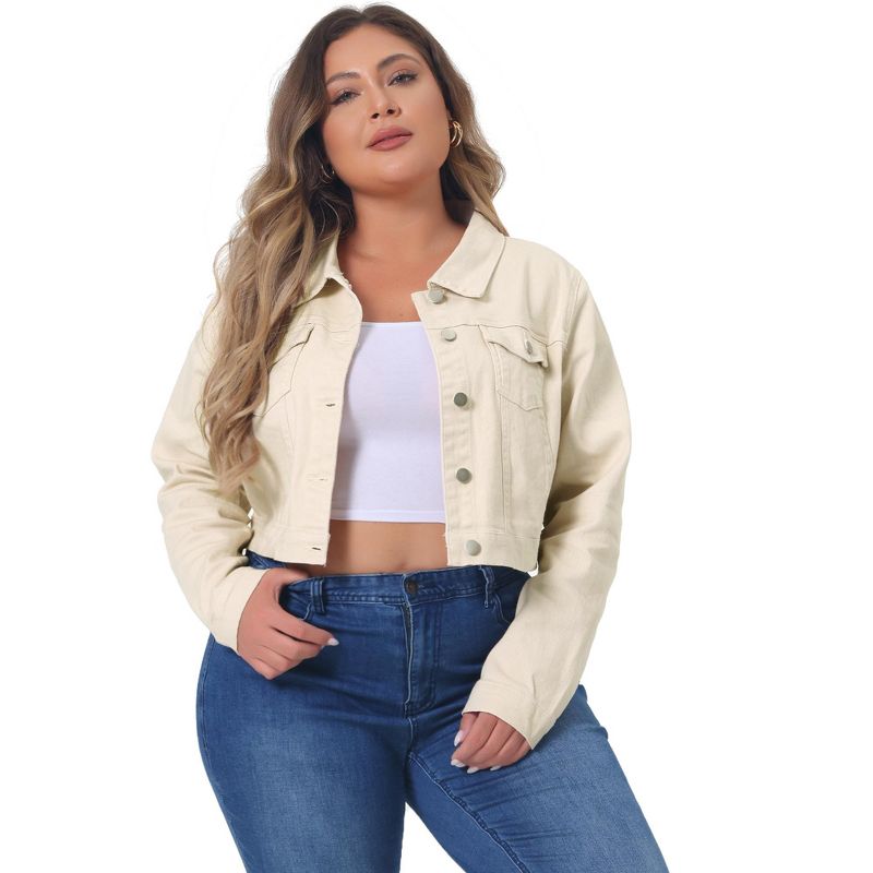 Women's Plus Size Cropped Long Sleeve Casual Denim Jean Jackets with Pocket - Agnes Orinda Beige 1X
