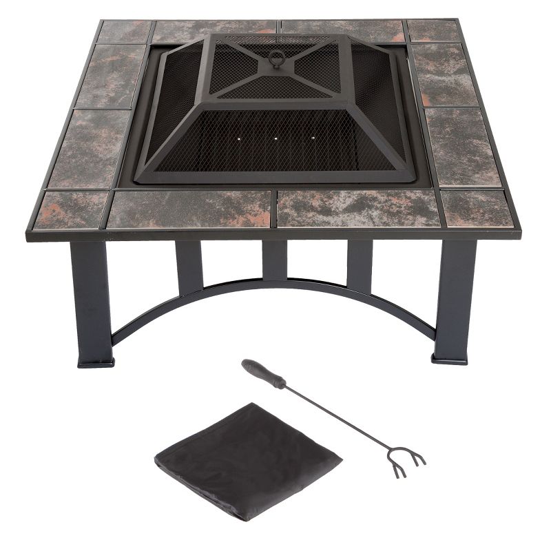 Nature Spring 33" Square Fire Pit With Tile Surround – Black and Orange, 2 of 6