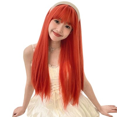 Jessie's Wig 26 Inch Long Silky Straight Bangs With Wig Full Cap Synthetic Hair Ginger Color 1 Pc/Pack