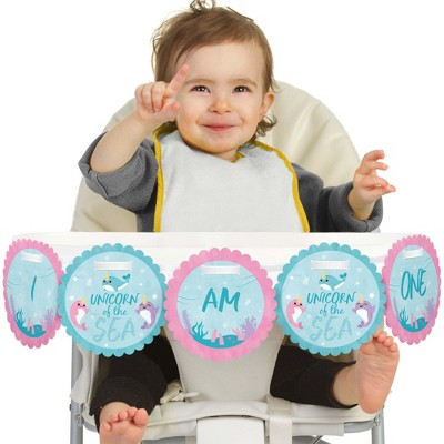 Big Dot of Happiness Narwhal Girl 1st Birthday Highchair Decor - I Am One - First Birthday High Chair Banner