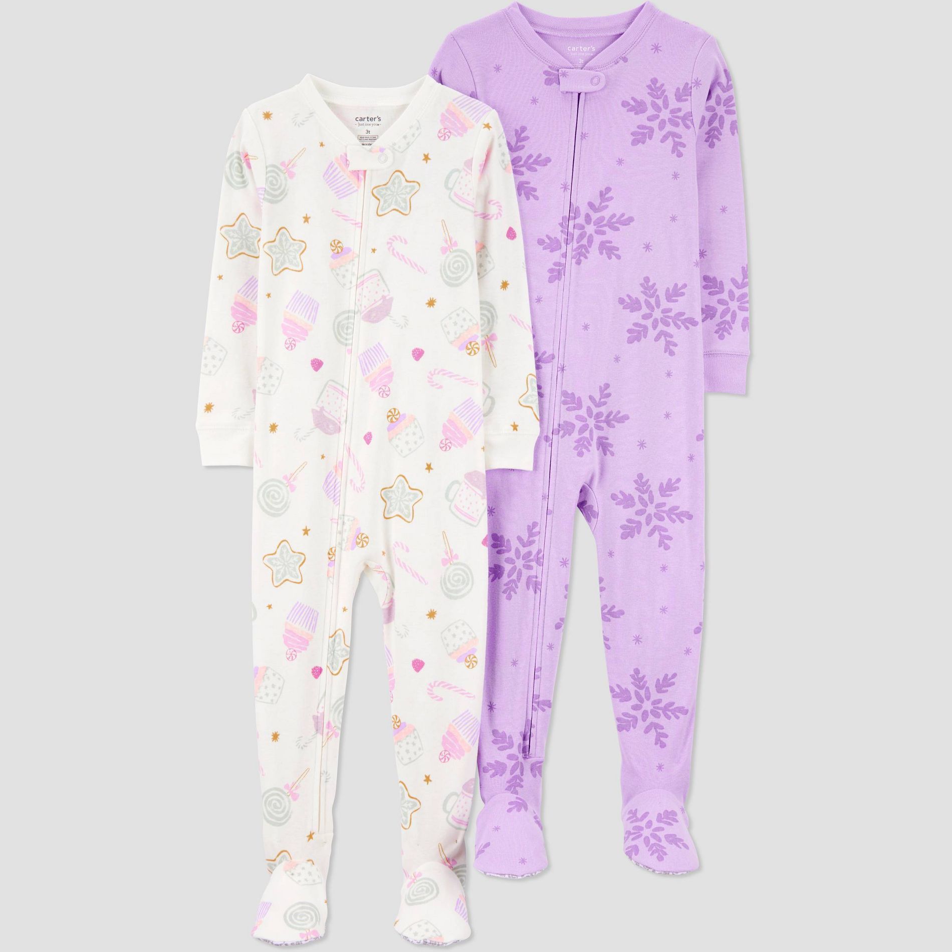 Carter's Just One You® Toddler Girls' 2pk Cotton Long Sleeve Snowflakes & Candy Print Snug Fit Footed Pajama - White/Purple 4T