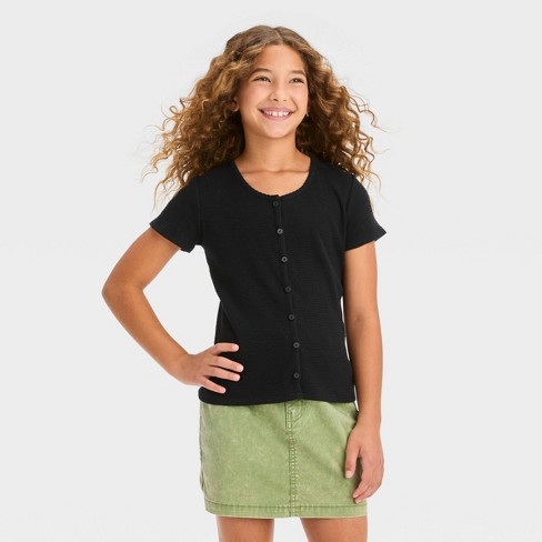 Girls' Short Sleeve Button-front Textured Top - Art Class™ Black Xs : Target