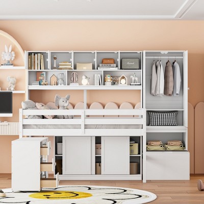 Full Size Wooden Loft Bed with Under-bed Desk and Drawers