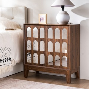 ORRD Double Door Cabinet Sideboard with Mirror Design, Dark Seadrift Tone Storage Cabinet with Solid Wood Legs，Walnut - 1 of 4