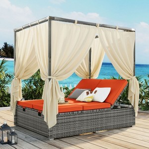 Erin PE Rattan Patio Daybed with Curtains, Metal Frame Outdoor Furniture with Adjustable Seat, Tanning Near Me - Maison Boucle - 1 of 4