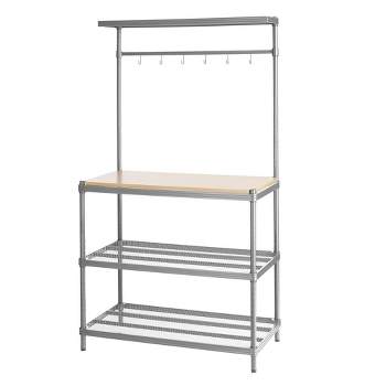 Design Ideas MeshWorks Metal Storage Utility Wood Top Shelving Unit Rack for Garage and Kitchen Storage, 35.4” x 17.7” x 63”, Silver