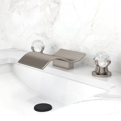 Munora Deck Mount Widespread Waterfall Bathroom Sink Faucet with 2 Crystal Handles, Brushed Nickel Finish