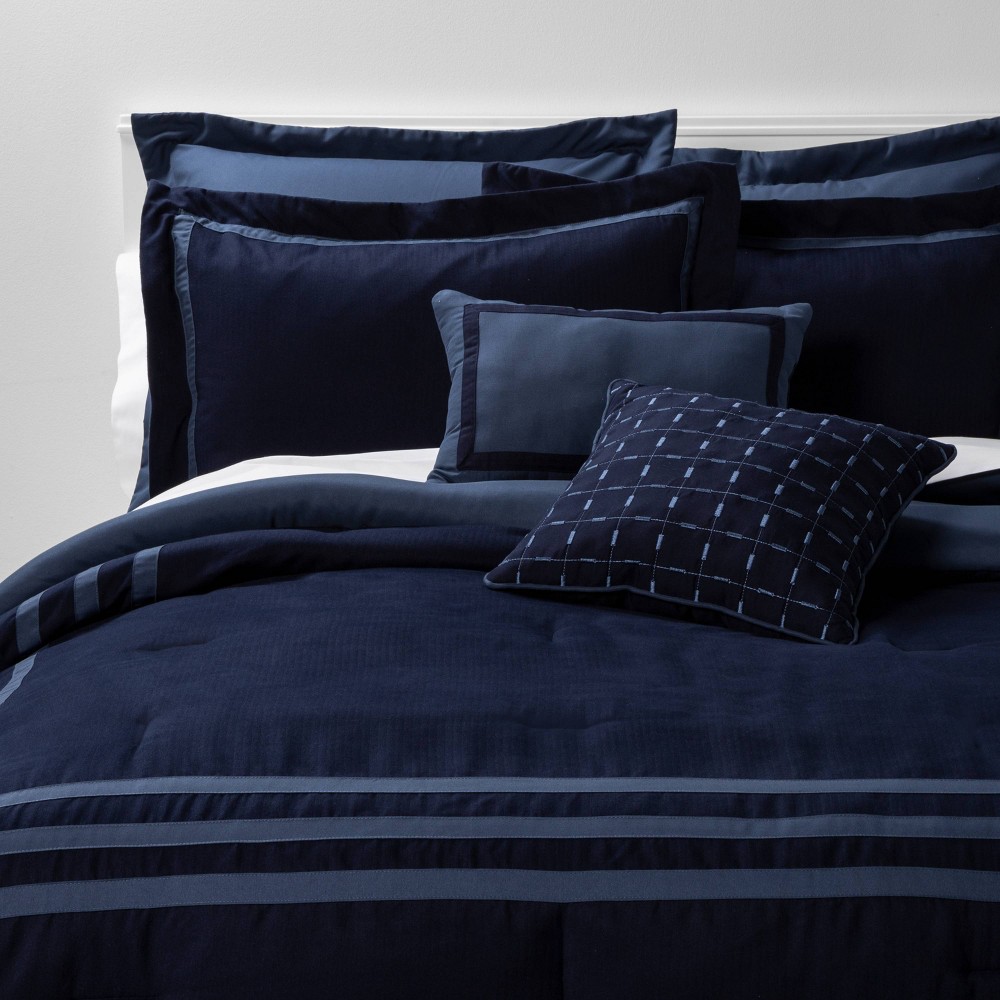 8pc King Applique Border Comforter Set Navy/Blue - Threshold™: Embroidered, OEKO-TEX Certified, Herringbone