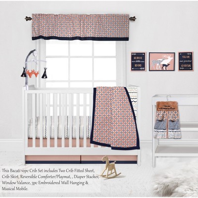 Bacati - Olivia Coral Navy 10 pc Crib Bedding Set with 2 Crib Fitted Sheets