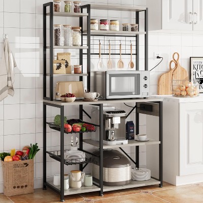 Bakers Rack with Power Outlet, 7-Tier Microwave Stand with Wire Basket, Coffee Bar with 4 S-Hooks, Open Storage Shelf for Kitchen