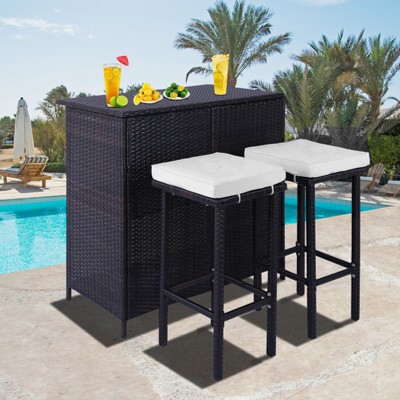 Patti 3-Piece All Weather PE Rattan Patio Bar Set of 1 Table and 2 Stools with Removable Cushions, Outdoor Furniture - Maison Boucle