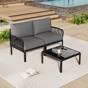Modern Patio Loveseat and Coffee Table Set with Thick Black Cushions, Weather-Resistant Plastic Frame for Outdoor Lounge Area-3irtyhousy - 1 of 4
