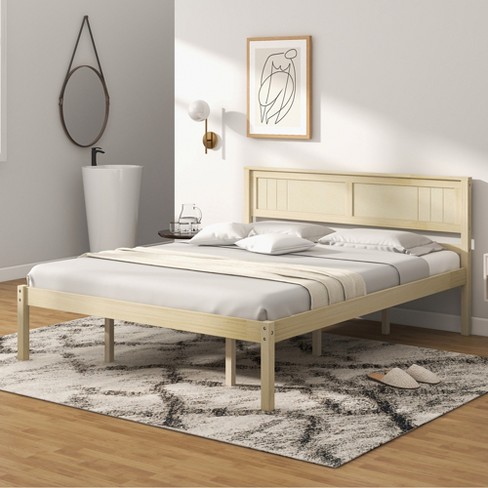 Wooden Bed Frame with Headboard - Natural Rubberwood, Queen