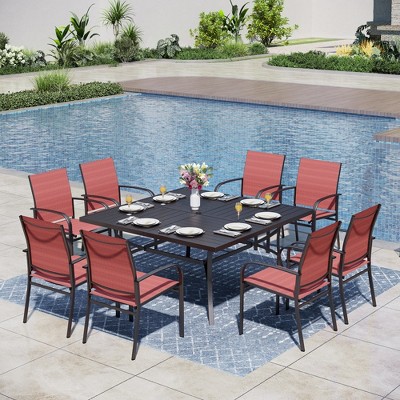 Captiva Designs 9pc Spacious Slat-top Square Metal Table with Umbrella Hole & Sling Fixed Dining Chairs