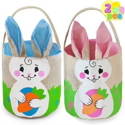 Joyfy 2 Pcs Easter Bunny Basket Canvas/Burlap Bags Set for Easter Eggs Hunt,Gift Baskets Egg Bags for Kids, Kids Party Favor