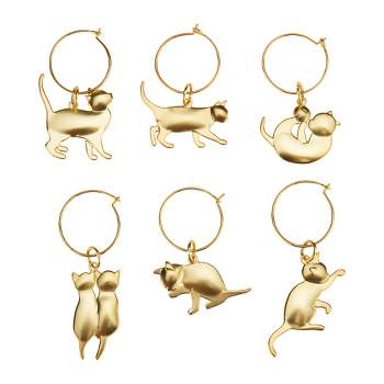 Twine Cat Lovers Wine Charms with Six Unique Designs, Drink Markers for Stemware, Gold