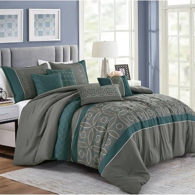 Home Mart Goods 7 Piece Comforter Set Green Grey Embroidery Soft Bedding