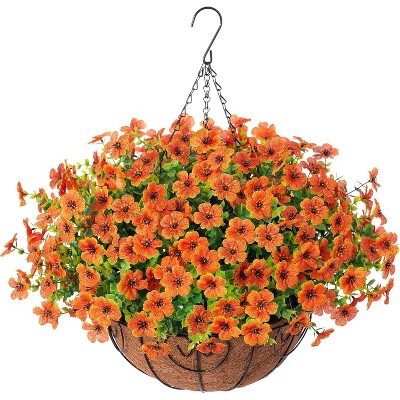 Artificial Faux Hanging Plants Flowers Basket for autumn Outdoor Outside Decoration, Fake Silk UV Sun Resistant Look Real Colorful Daisy Eucalyptus