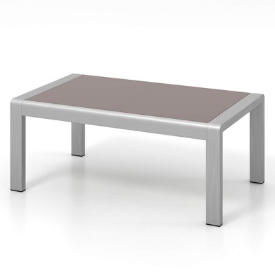 Tangkula Outdoor Rectangle Coffee Table Aluminum Side Table w/ Tempered Glass Tabletop