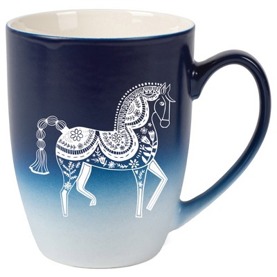 Elanze Designs 12 Ounce Two Toned Ombre Ceramic Tea Coffee Cup Mug Blue White Majestic Floral Horse