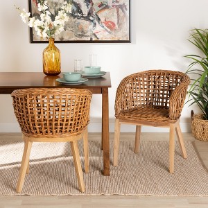 bali & pari Mario Modern Bohemian Natural Brown Finished Teak Wood and Rattan 2-Piece Dining Chair Set - 1 of 4