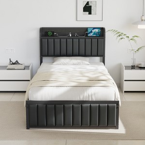 VECELO Twin/Full/Queen Size Metal Frame Platform Bed Frame with Storage Charging Station, Black/Gray - 1 of 4