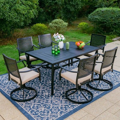 7pc Outdoor Dining Set With Steel Swivel Chairs & Large Rectangle Metal ...