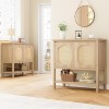 Pure Natural Wood PVC Rattan Console Table | 18mm Thick MDF | 35.4x14.2" Narrow Design | Dual-Door Shoe Cabinet + Sofa Back Console - 3 of 4