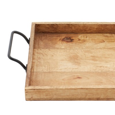 Rustic Brown Mango Wood Rectangular Tray Set with Slot Handles