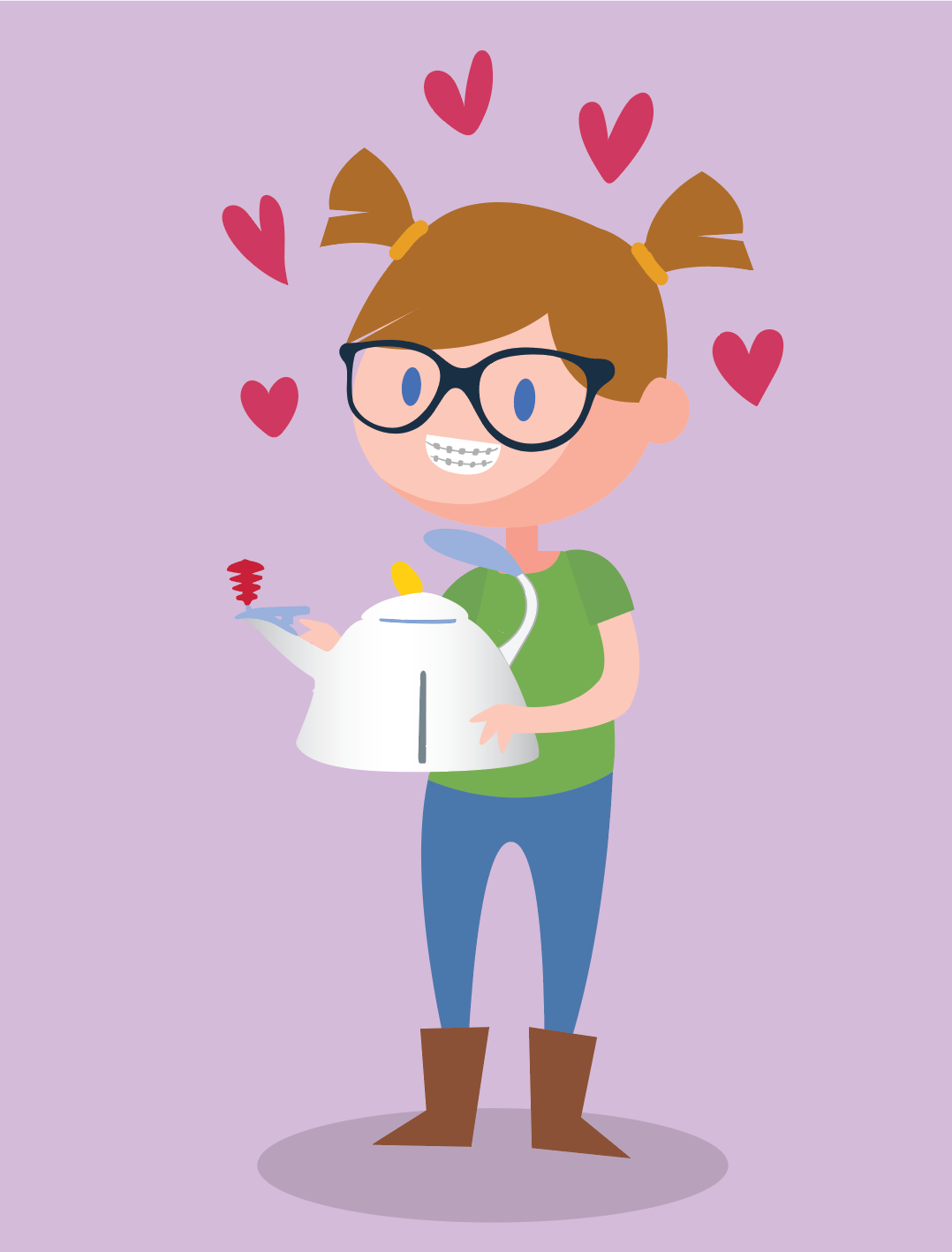 cartoon drawing of a smiling child with pigtails, glasses, and braces on her teeth. she's smiling widely while holding a beautiful teapot with hearts popping up around her head.