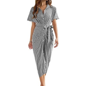 Clearlove Women's Summer Button Down Shirt Dresses Short Sleeve Elegant Party High Waisted Maxi Dress - 1 of 4